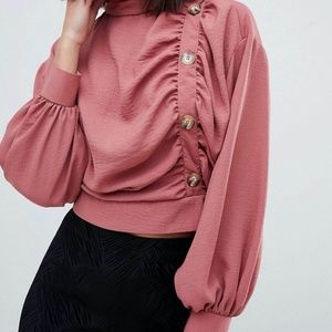 Tie Waist Mock Neck Blouse